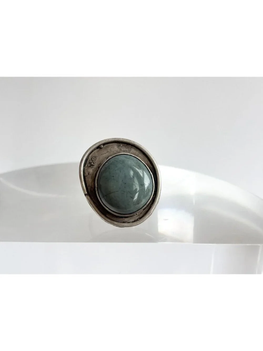 Modernist Freeform Green Agate Gemstone 800 Silver Vintage Ring - sz 9.25